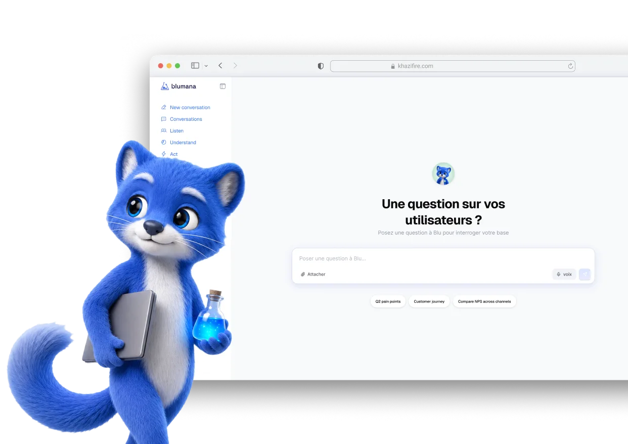 La mascotte Blu présente l'application Blumana